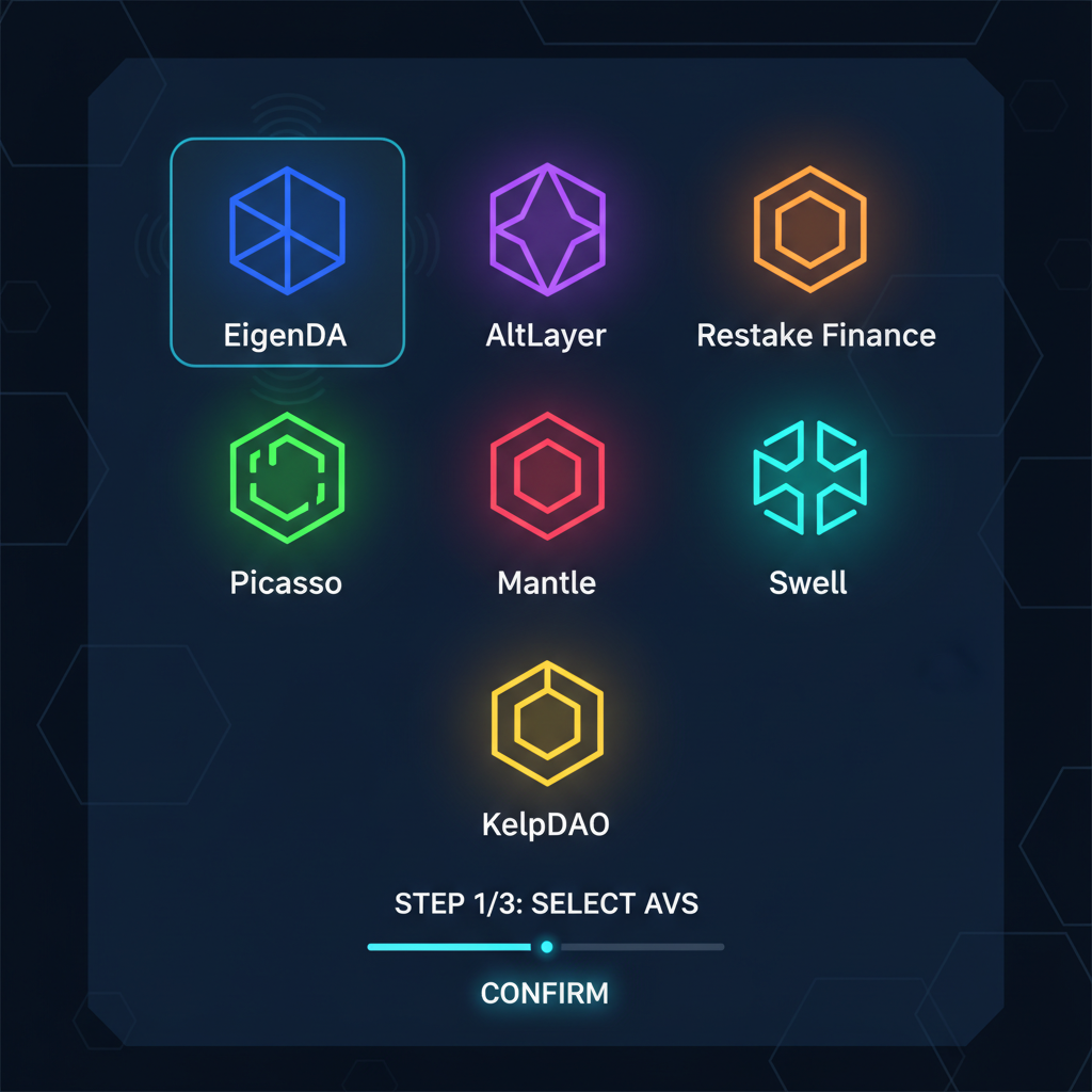 grid of 7 glowing AVS icons like EigenDA and AltLayer, selection interface, sci-fi dashboard