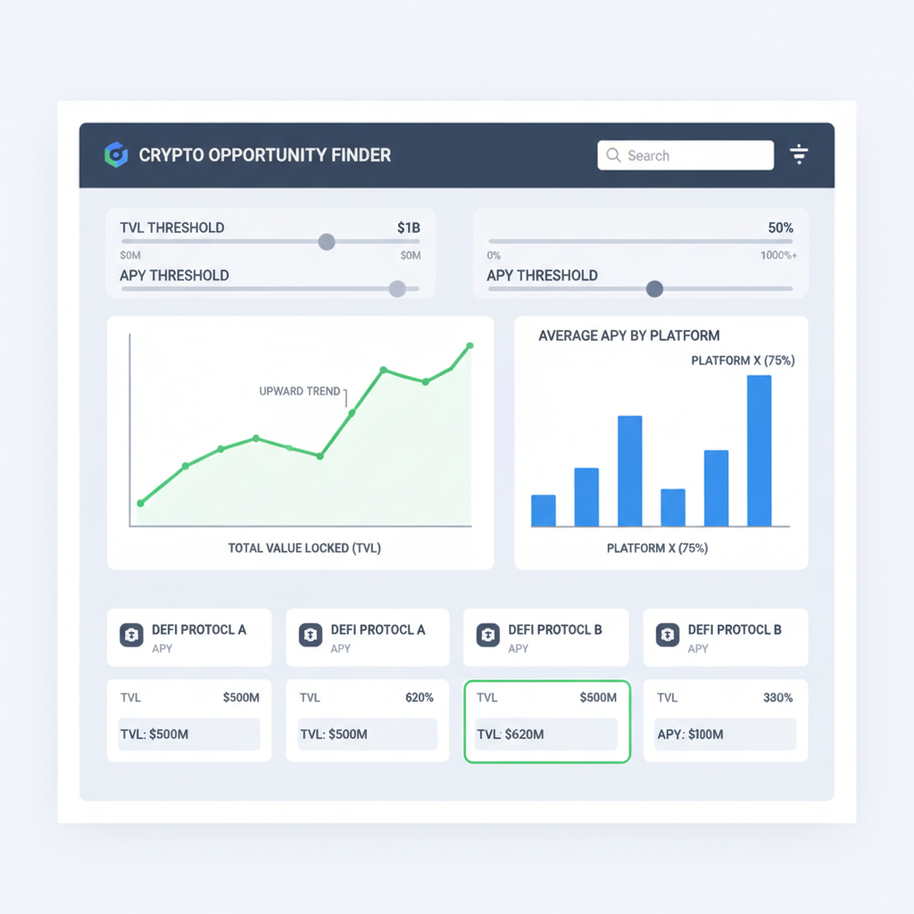 sliders adjusting TVL and APY thresholds on crypto dashboard, charts and graphs, professional UI