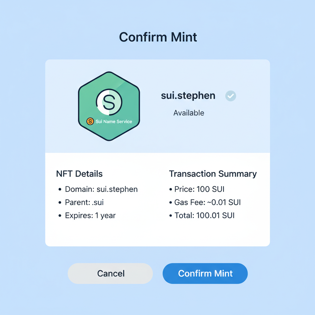 SuiNS mint confirmation screen with NFT object details
