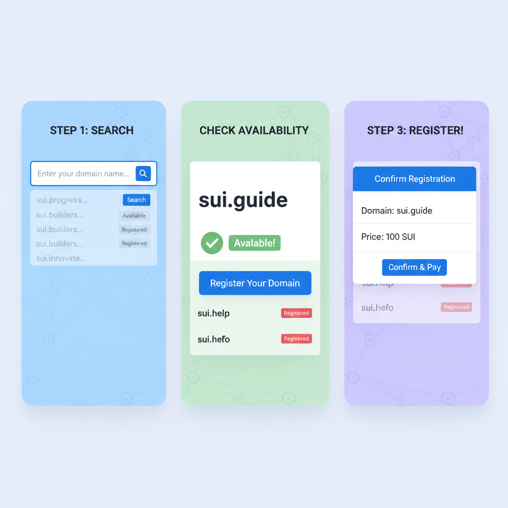 SuiNS search interface showing domain availability check