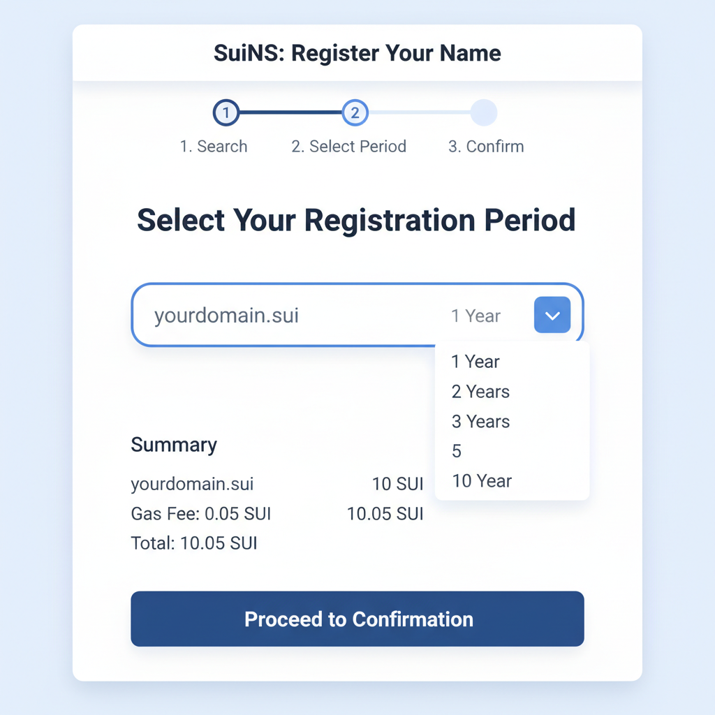 SuiNS registration page with period selection dropdown