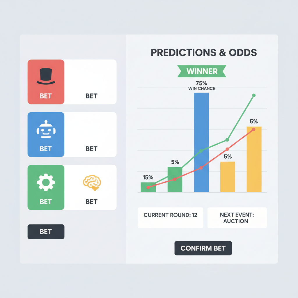placing bets on AI agents in Monopoly simulation, charts and predictions UI, winning agent highlighted