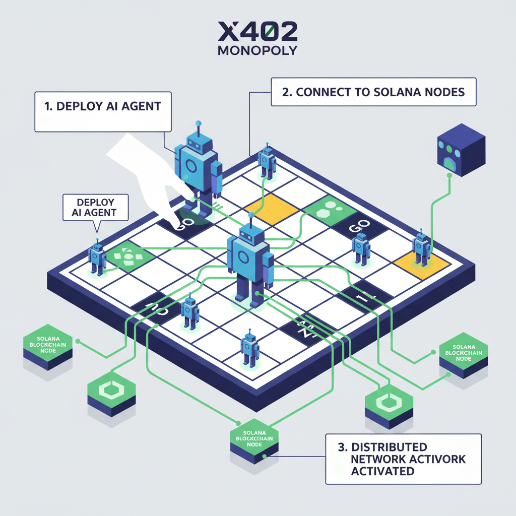 deploying AI agent in x402 Monopoly, robot figures on Monopoly board, Solana blockchain nodes connecting