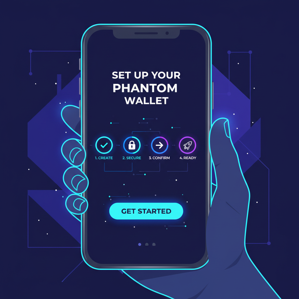sleek Solana Phantom wallet setup interface on mobile, futuristic UI, neon blue accents