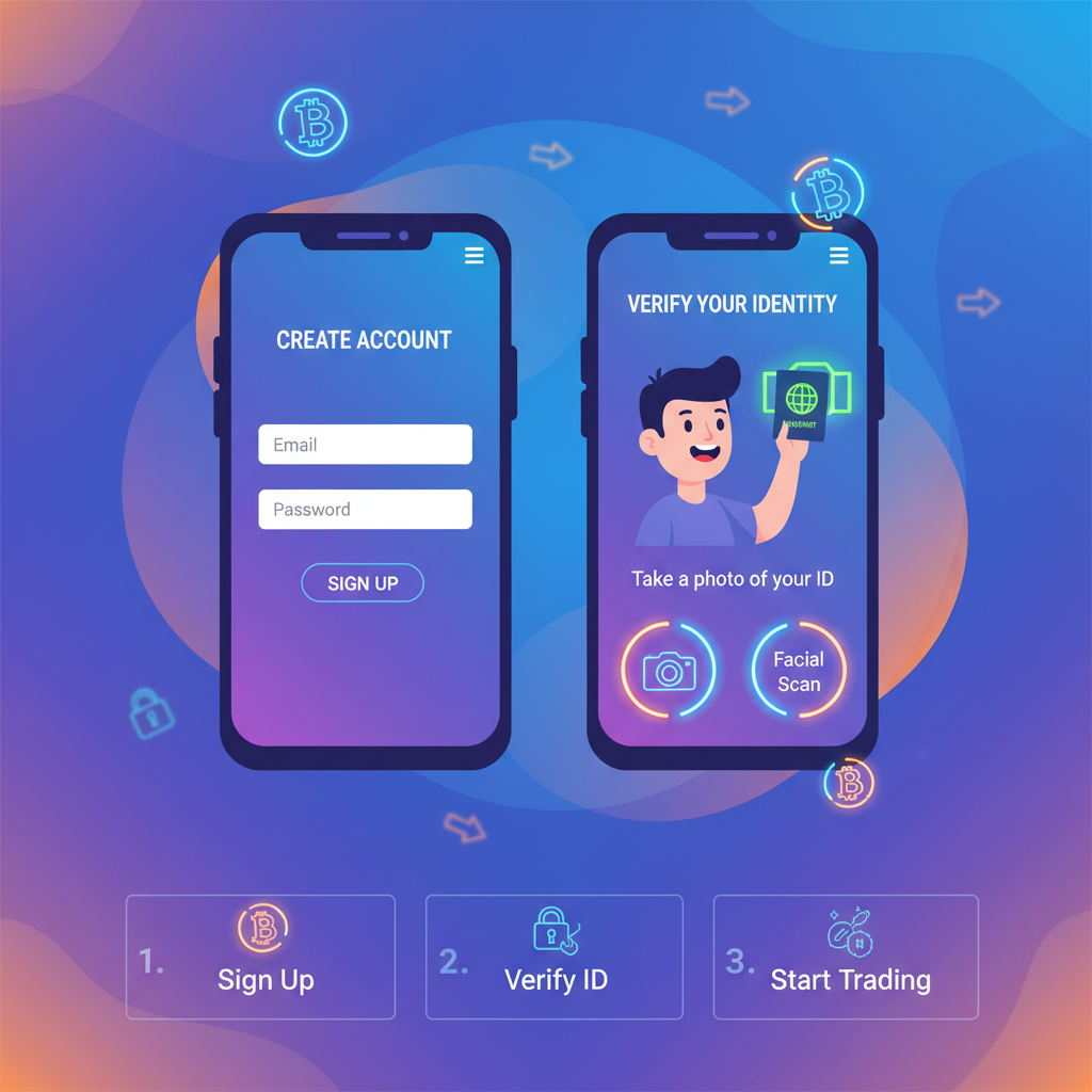 vibrant illustration of smartphone app signup for crypto exchange, excited user verifying ID, neon bitcoin icons