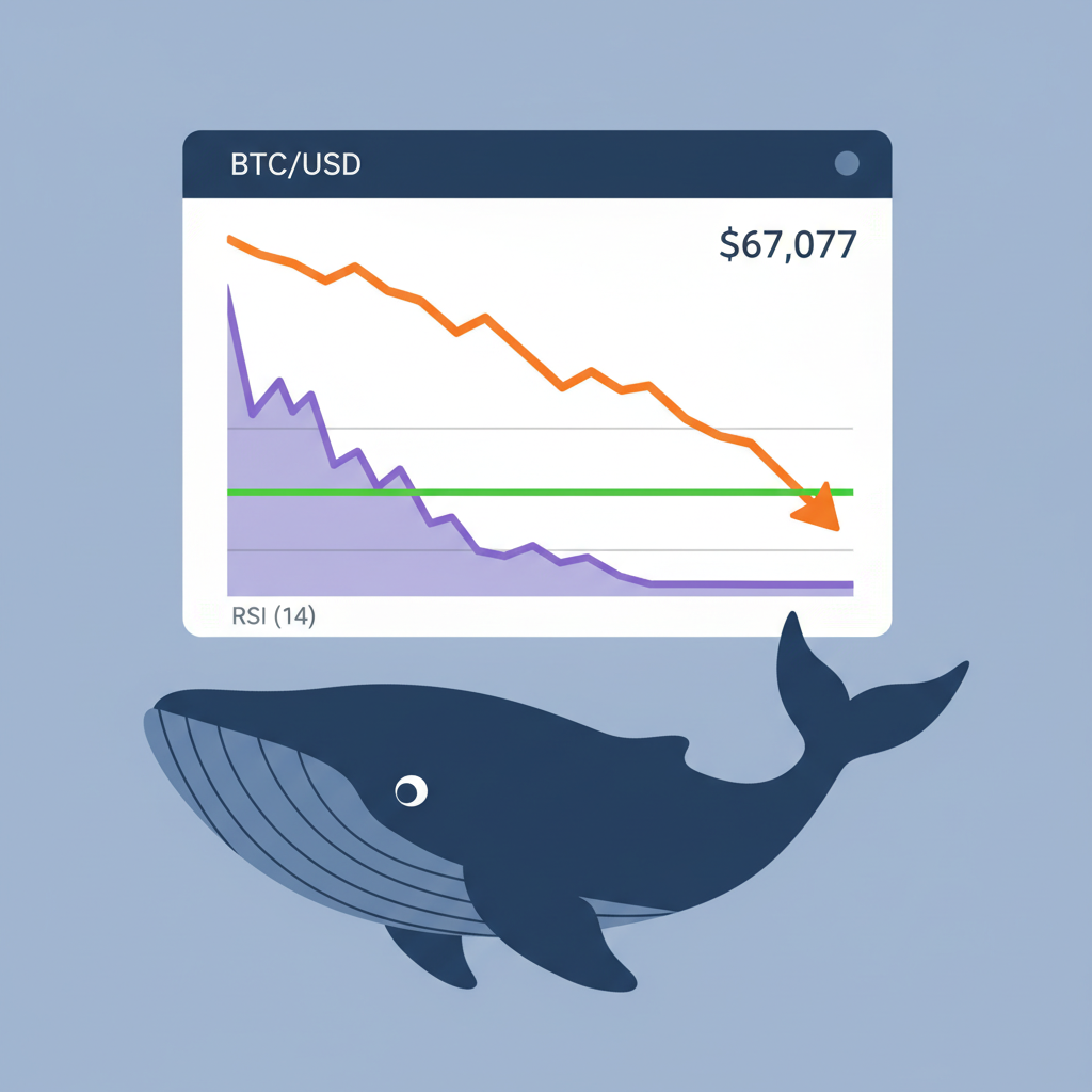 technical chart screen showing BTC dip at $67077 with RSI indicator, green support line, whale silhouette watching