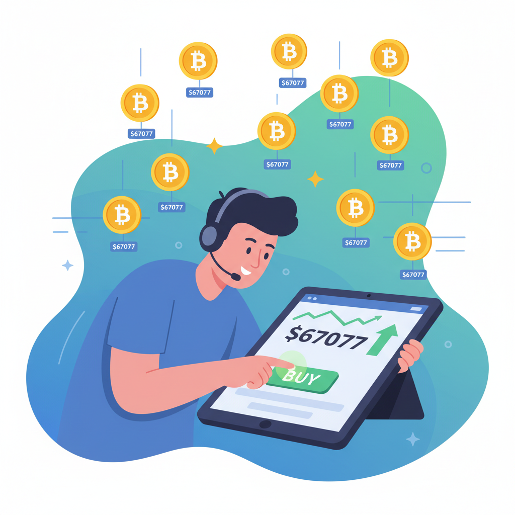 dynamic scene of trader hitting buy button on app, bitcoin coins raining down at $67077 price tag, green arrow up