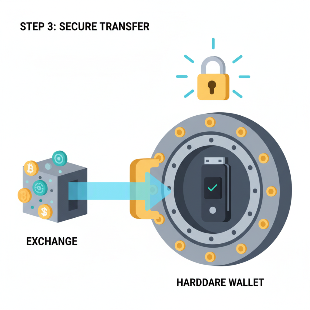 illustration of crypto transfer from exchange to hardware wallet, secure vault door opening, padlock emoji glow