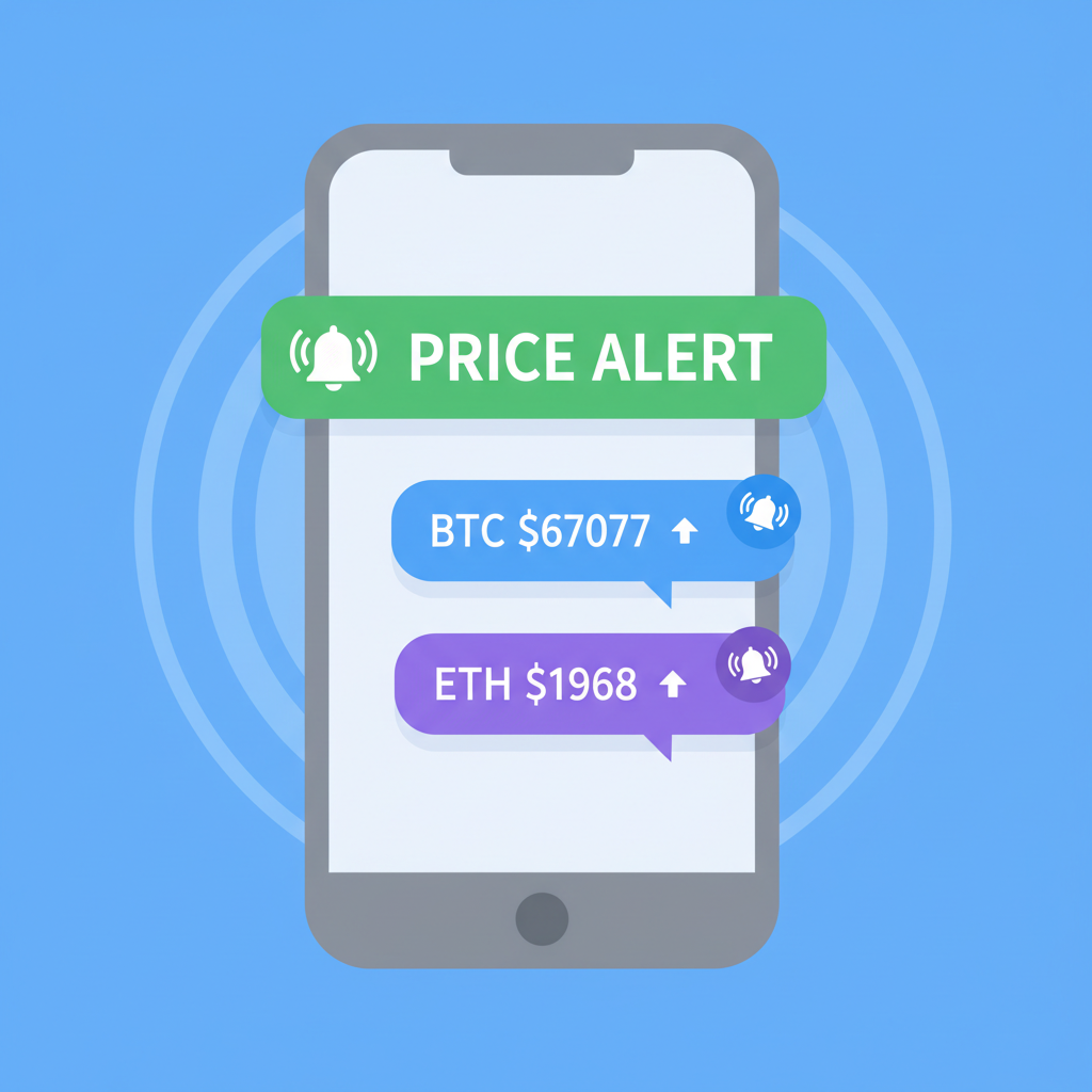phone screen with price alert notifications popping up for BTC $67077 and ETH $1968, alert bells ringing