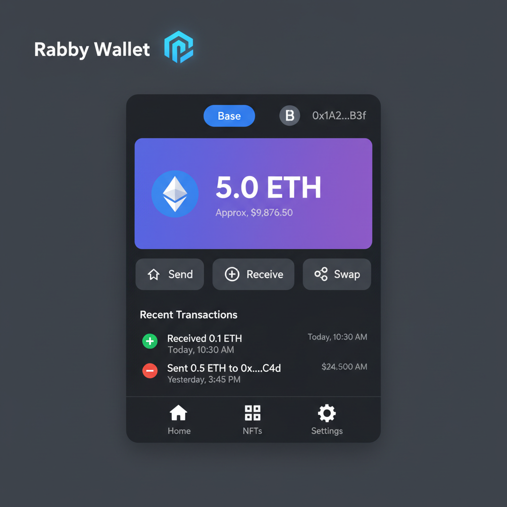 Rabby wallet interface connected to Base network with ETH balance, clean dark mode UI