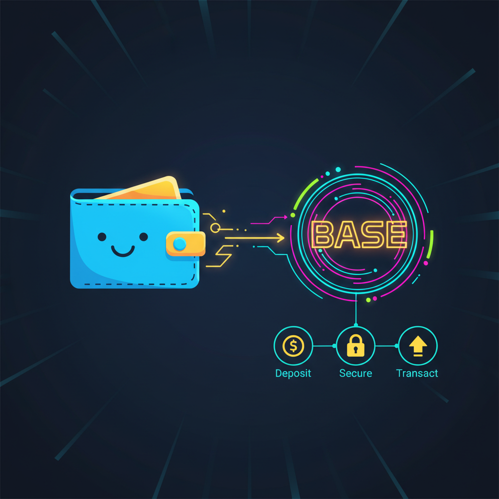 vibrant cartoon wallet connecting to glowing Base blockchain, energetic neon colors, simple icons