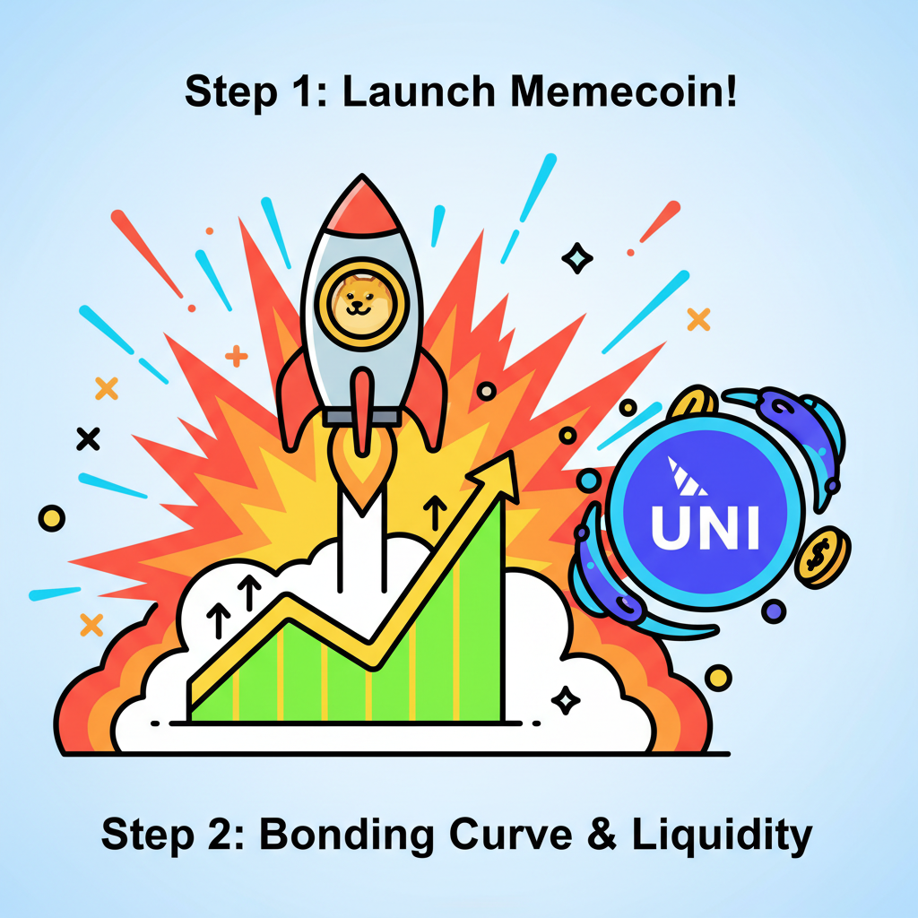 rocket launching memecoin with bonding curve graph rising, Uniswap liquidity pool forming, explosive energetic scene