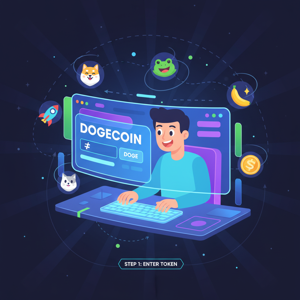 excited user typing token name and symbol on sleek web interface, meme coin icons floating around, bright futuristic UI