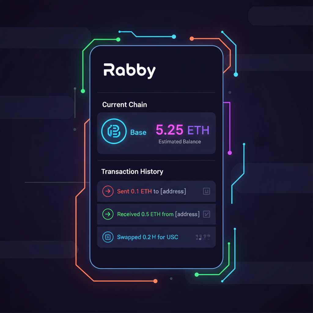 Rabby wallet showing ETH balance on Base, transaction history, vibrant neon crypto theme