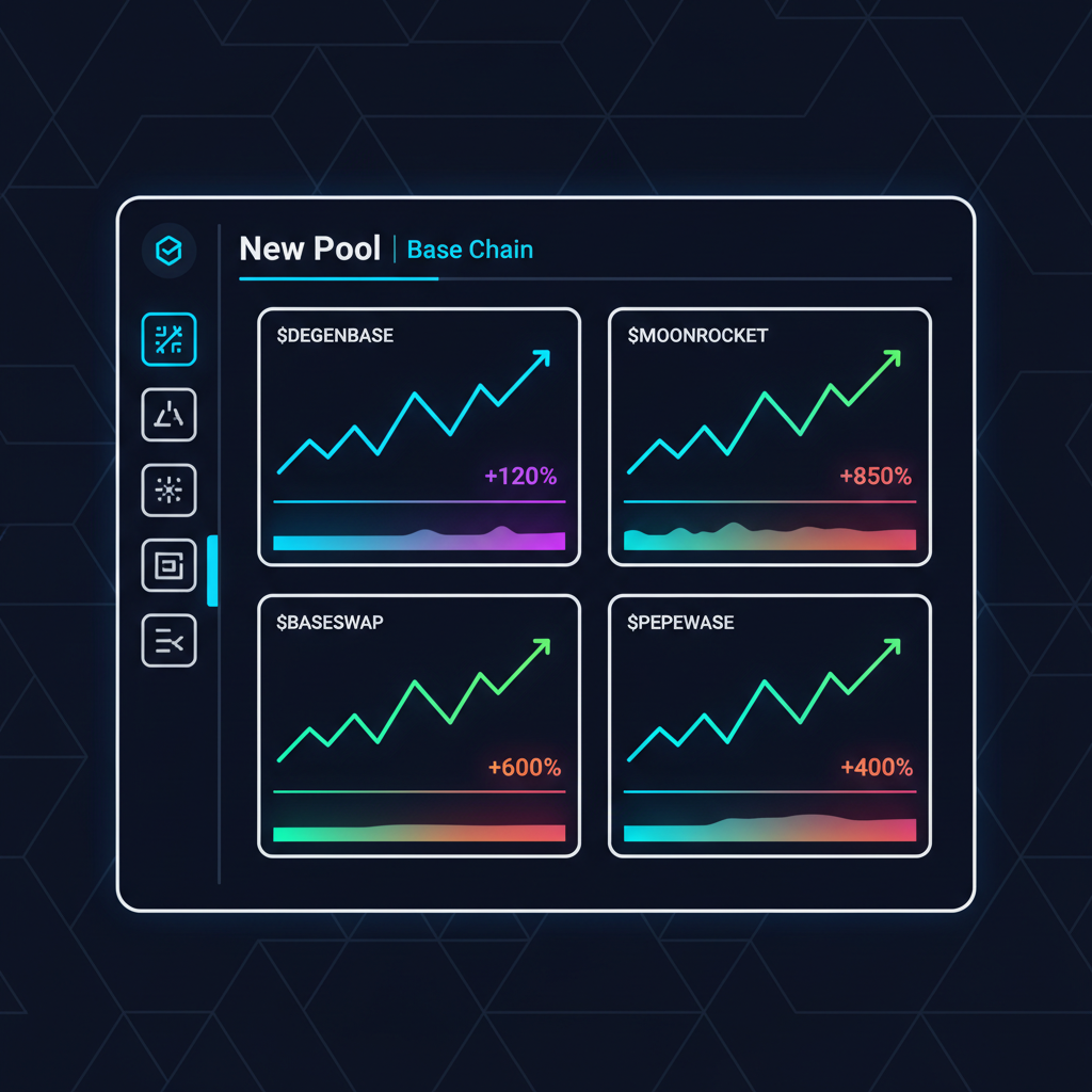 Dexscreener dashboard on Base chain showing new memecoin pools with rising volume charts, neon crypto aesthetic