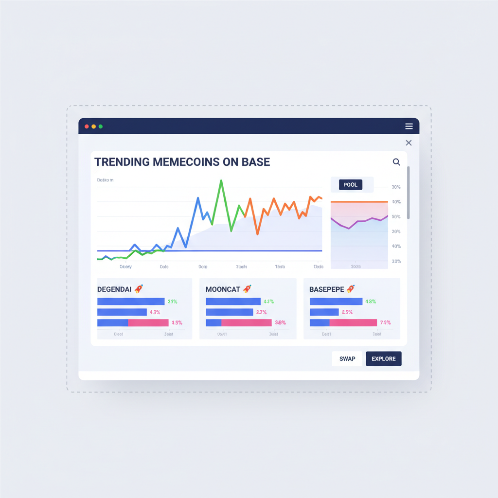 Dexscreener dashboard on Base, trending memecoins chart spiking, colorful price graphs