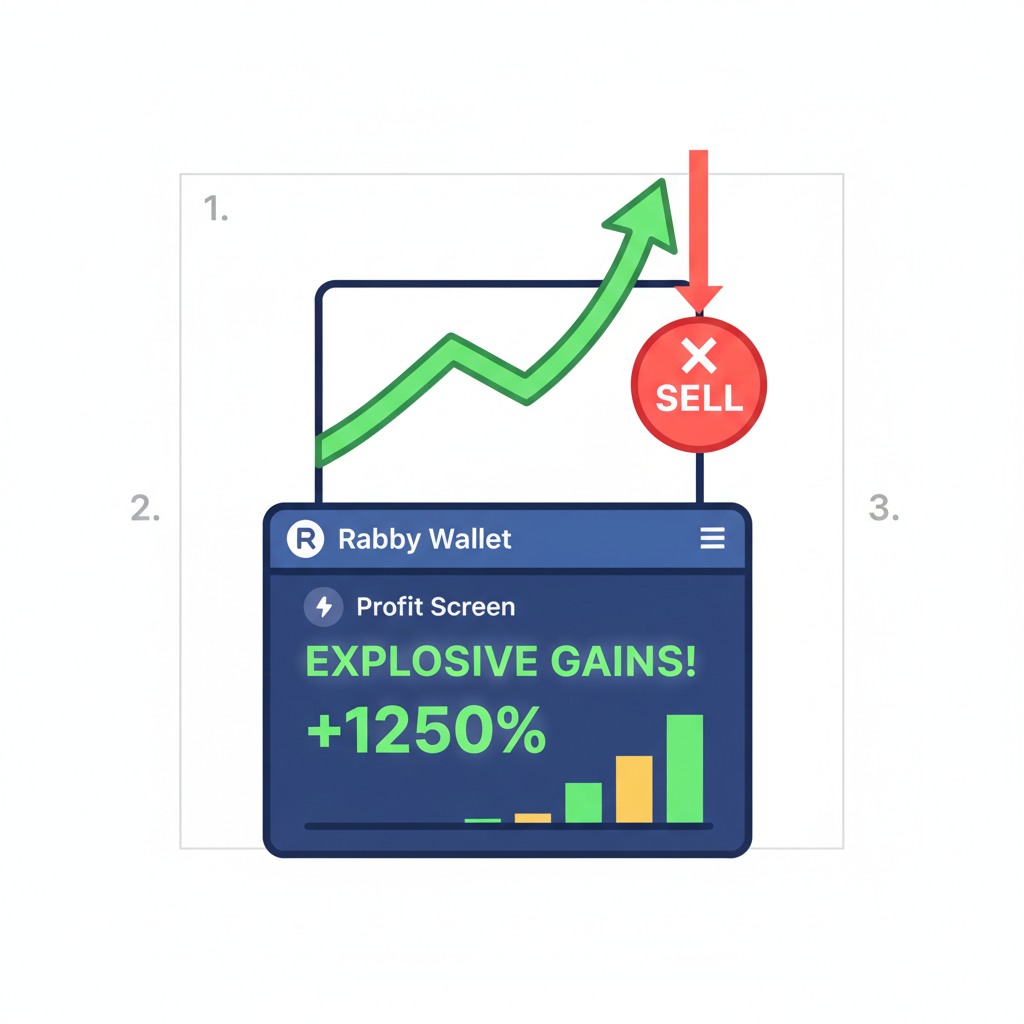 Price chart pumping with sell signal, Rabby wallet profit screen, explosive gains graph
