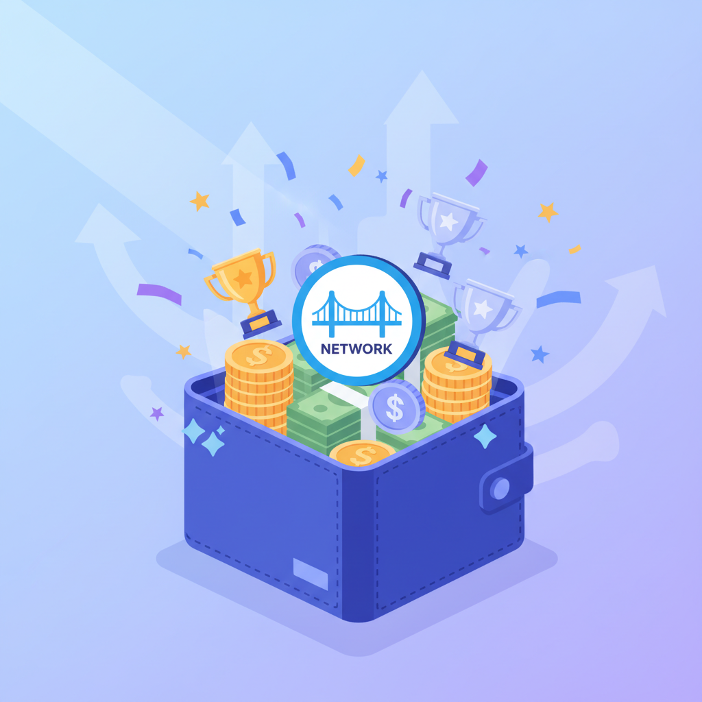 Wallet with stacked ETH profits, trophy icons, Base network logo, victory celebration