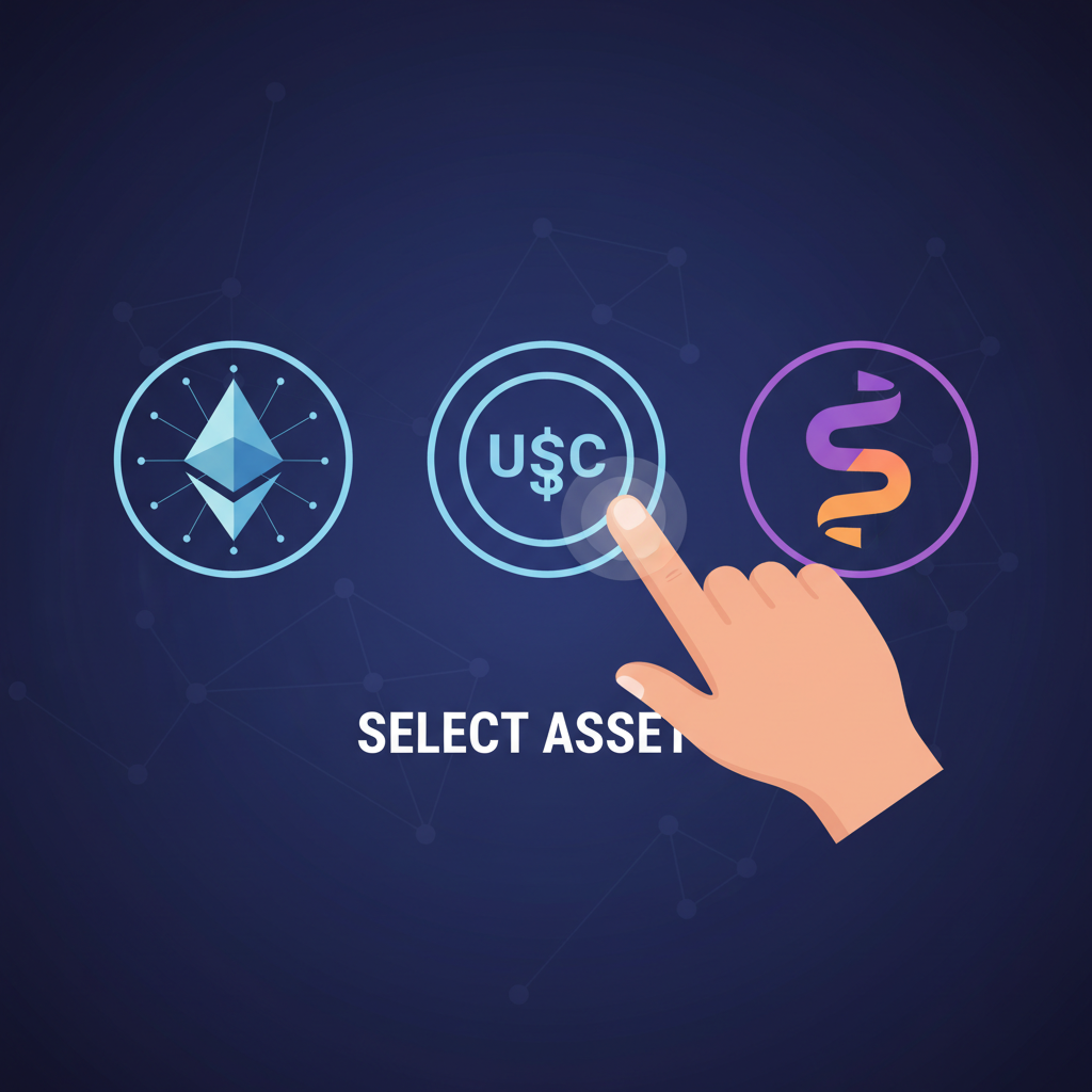 selection screen with ETH USDC SOL icons glowing, user hand pointing to ETH, crypto wallet background, vibrant