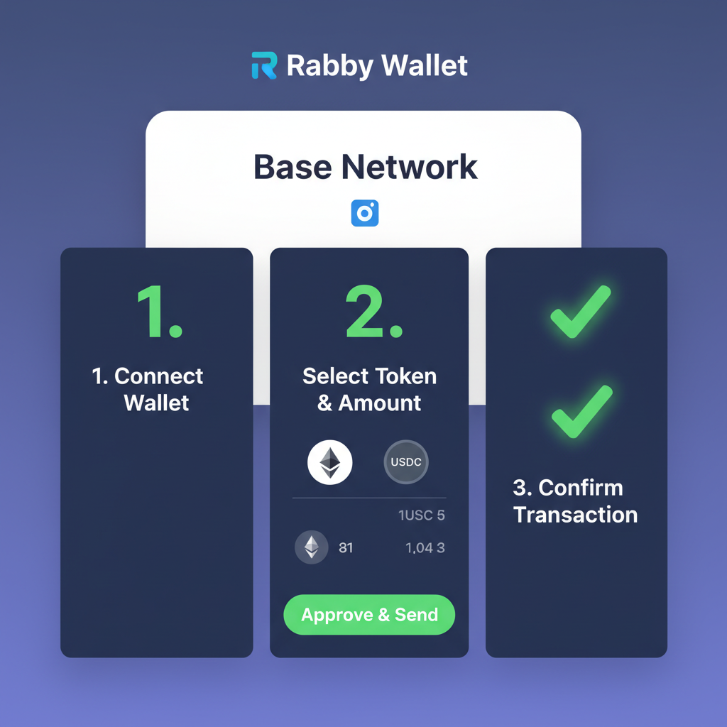 sleek Rabby wallet interface on Base network, modern UI, green checkmarks, crypto vibe