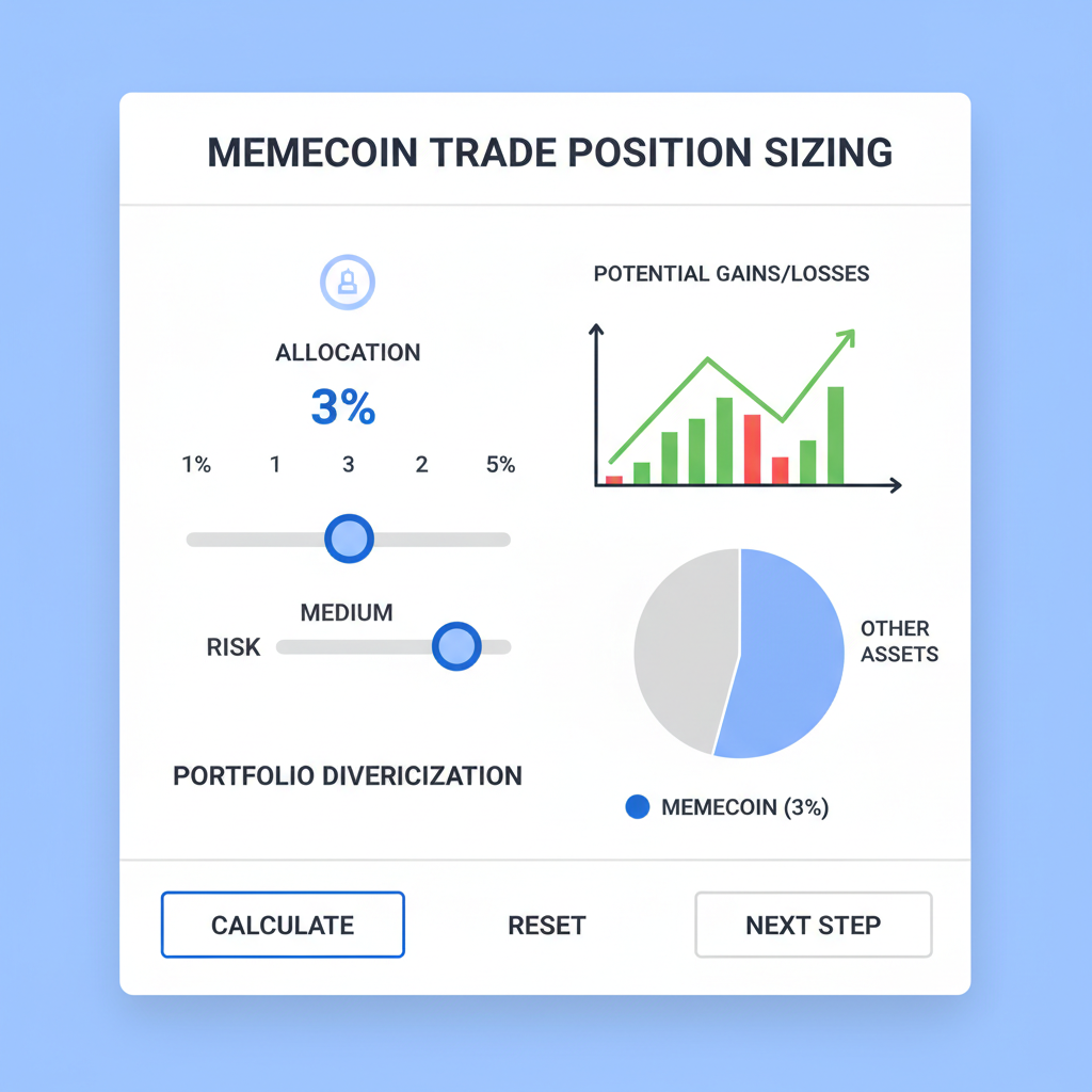 Portfolio calculator screen showing 1-5% position sizing for memecoin trade, charts and sliders