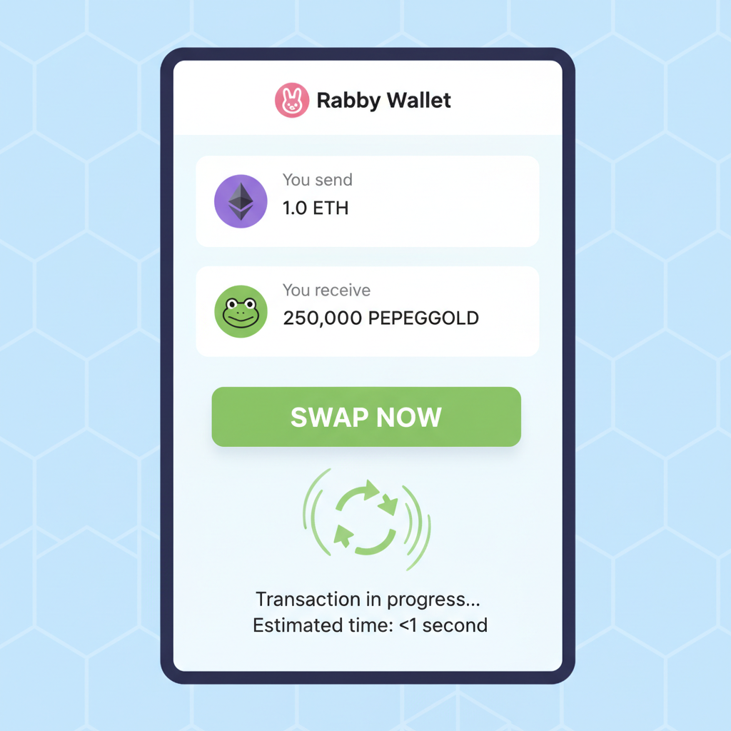Rabby wallet swap interface, ETH to memecoin, green buy button, fast transaction animation