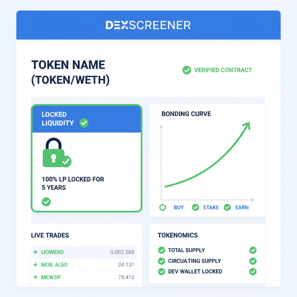 Dexscreener token page with locked liquidity indicator and bonding curve graph, green checkmarks