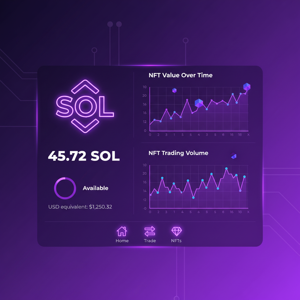 wallet interface showing SOL balance and NFT charts, solana purple neon theme, futuristic UI