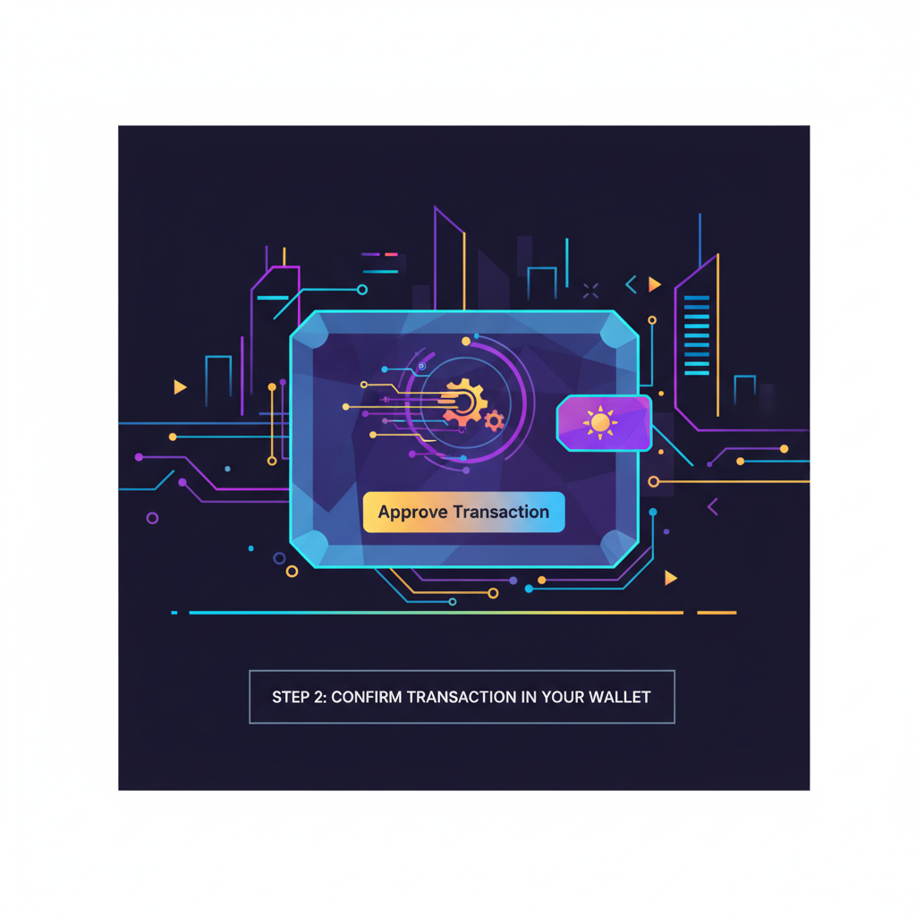 buying NFT on Magic Eden, wallet popup confirmation, solana transaction animation, vibrant cyberpunk
