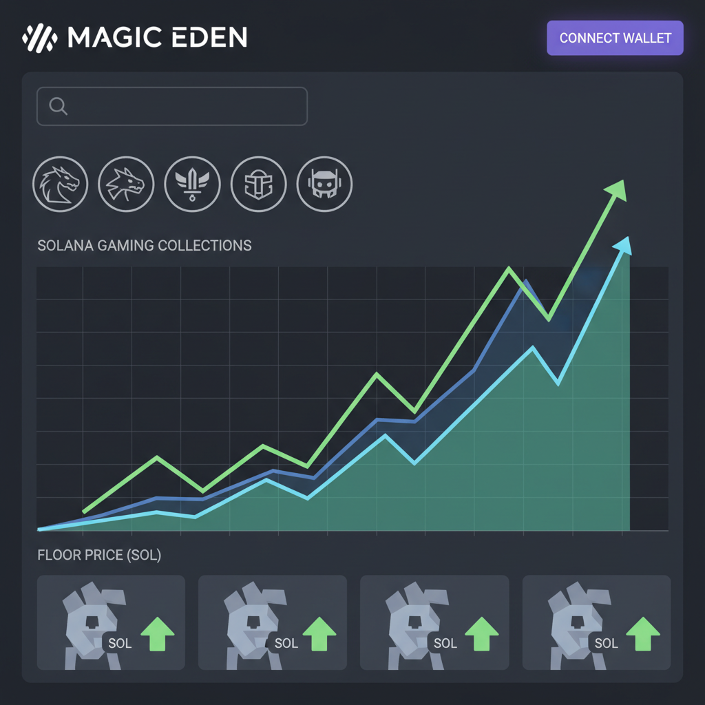 Magic Eden marketplace screenshot, NFT floor price graphs rising, solana gaming icons, dark mode