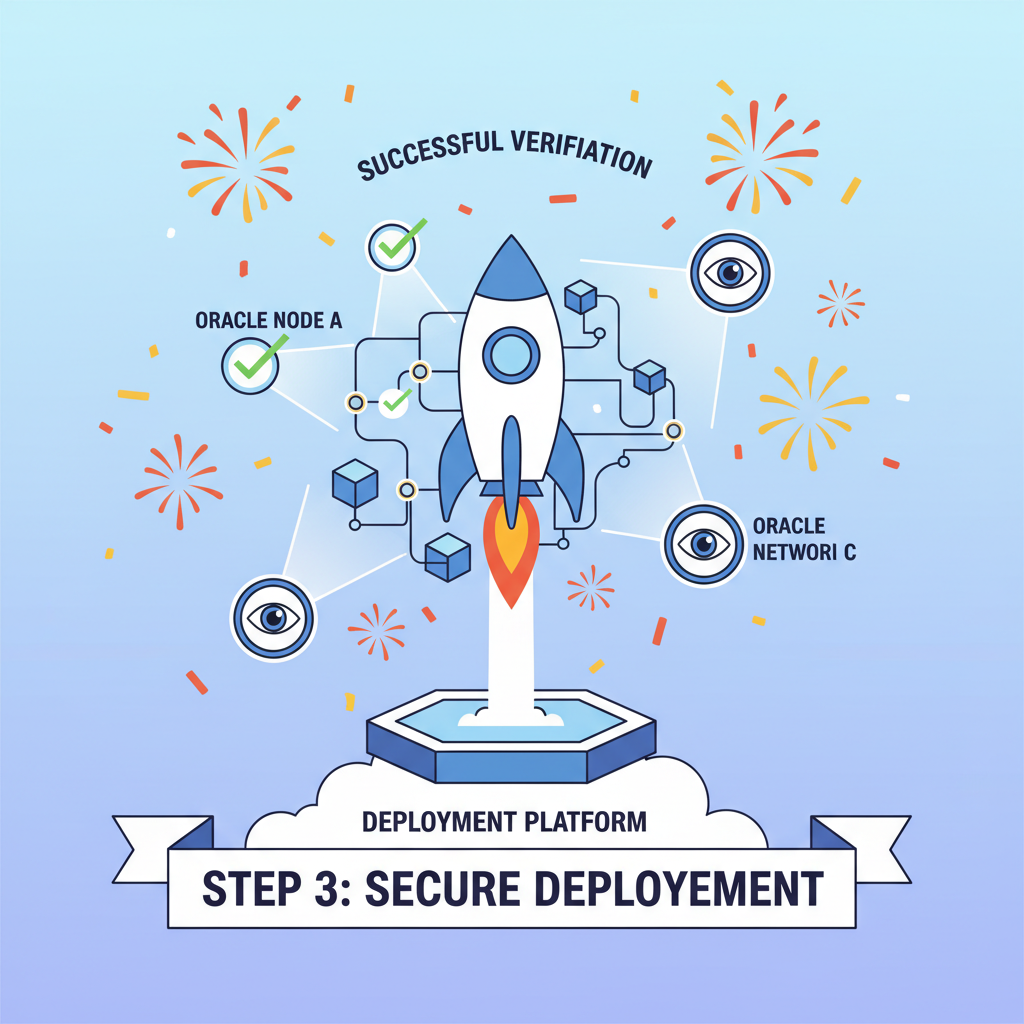 rocket deploying to blockchain network, oracle nodes verifying, success fireworks