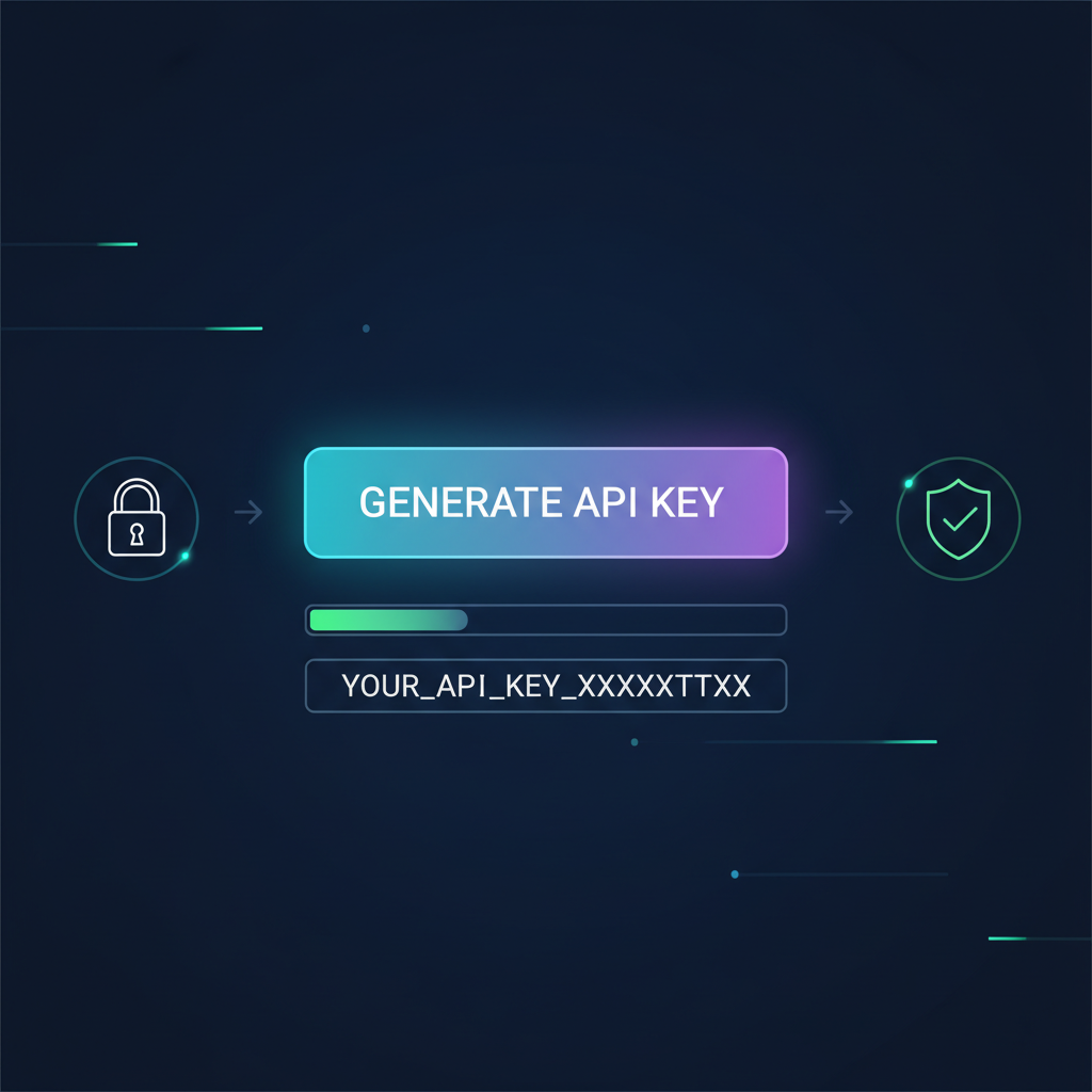 sleek dashboard generating API key, secure lock icon, futuristic UI glow