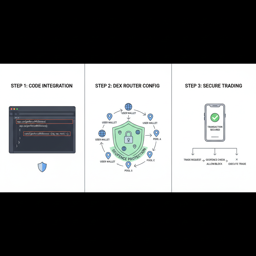 code editor with middleware integration snippet, DEX router diagram with geofence shield