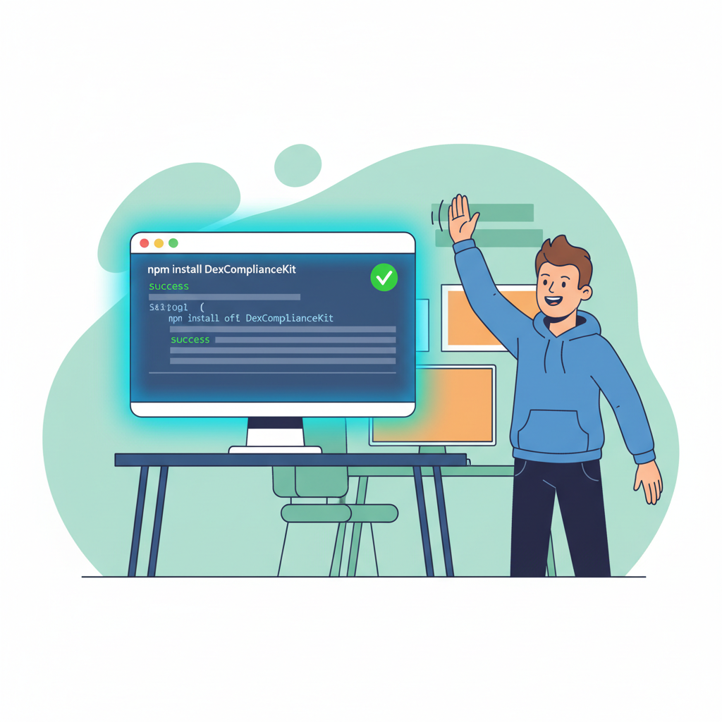 terminal screen with npm install DexComplianceKit command succeeding, vibrant code glow, developer high-fiving