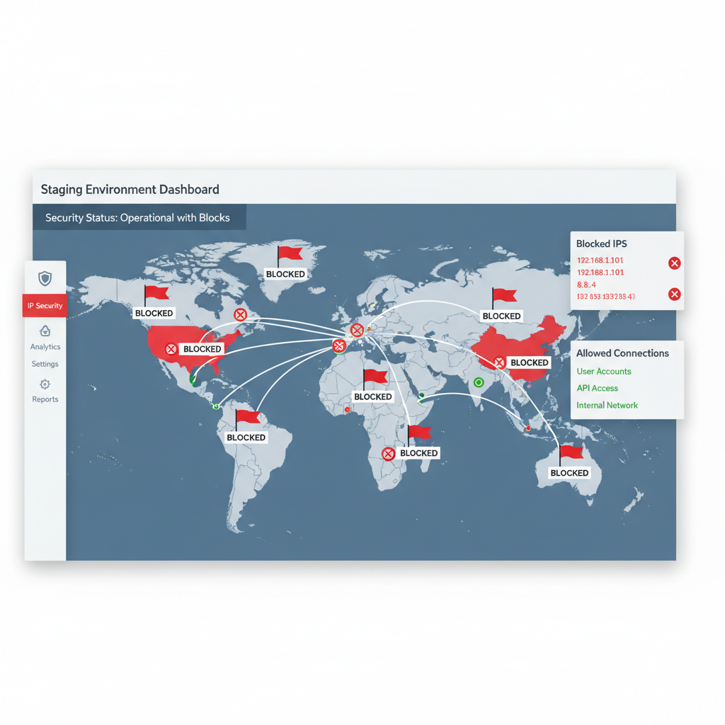 staging dashboard showing blocked IP map with red flags on sanctioned countries, green checkmarks
