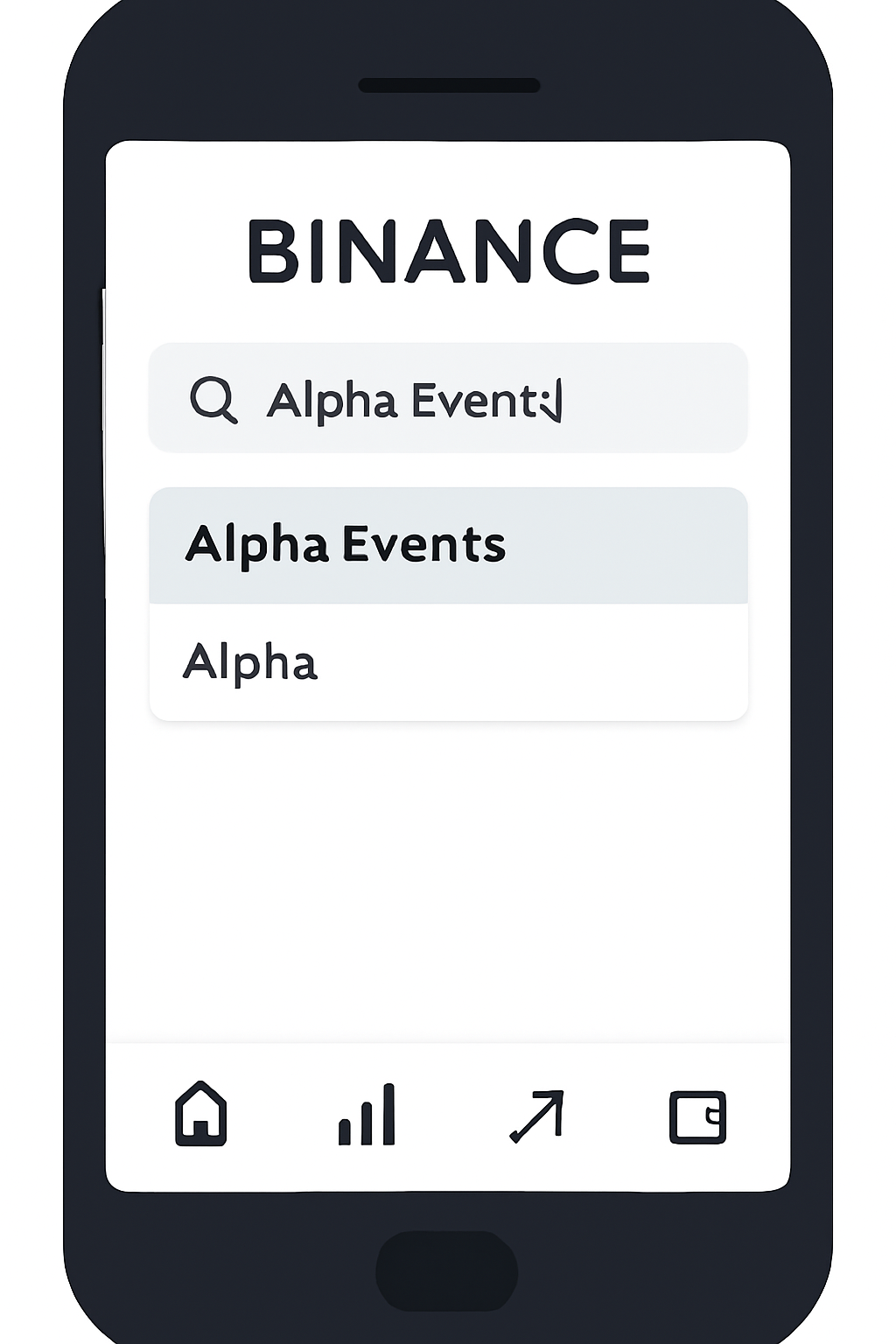 A smartphone screen displaying the Binance app homepage with the search bar, user typing 'Alpha Events', and search results highlighting the Alpha Events option.