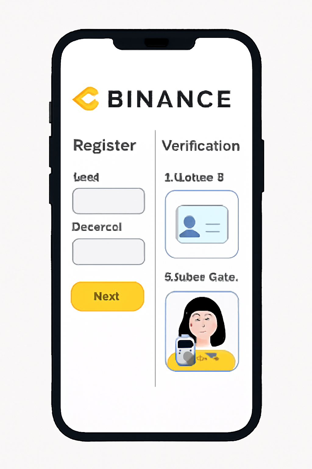 A smartphone showing the Binance app registration and KYC verification screens, with user uploading ID and taking a selfie, bright and clear interface.