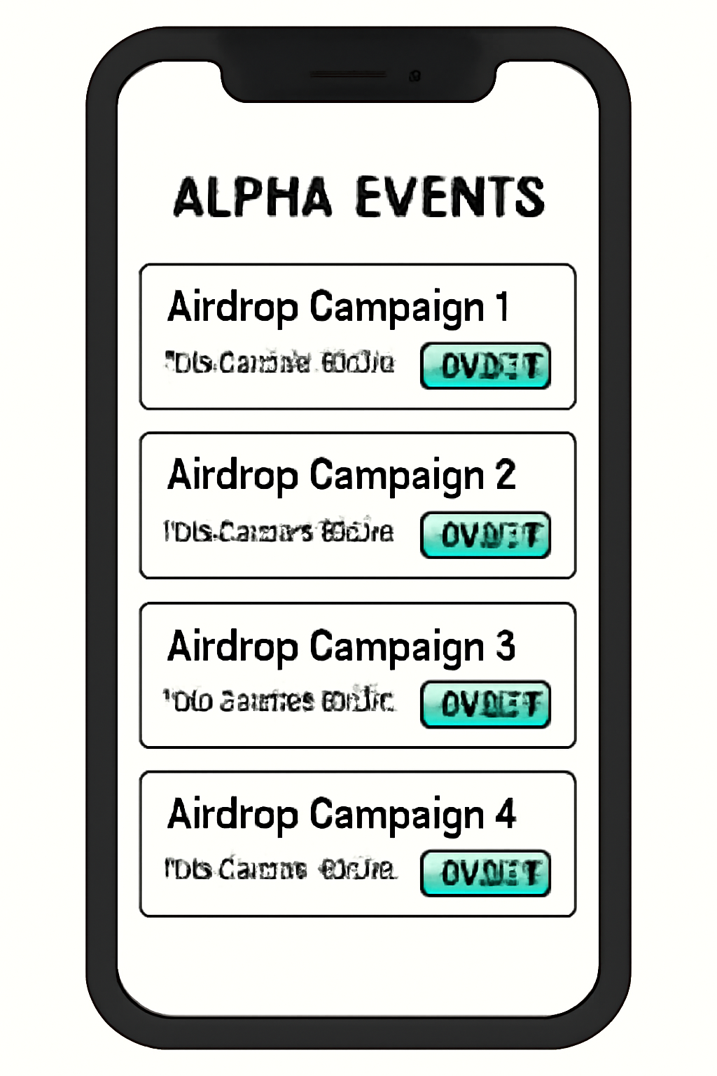 A smartphone showing the Alpha Events page with a list of airdrop campaigns, each displaying project name, required Alpha Points, and claim buttons.