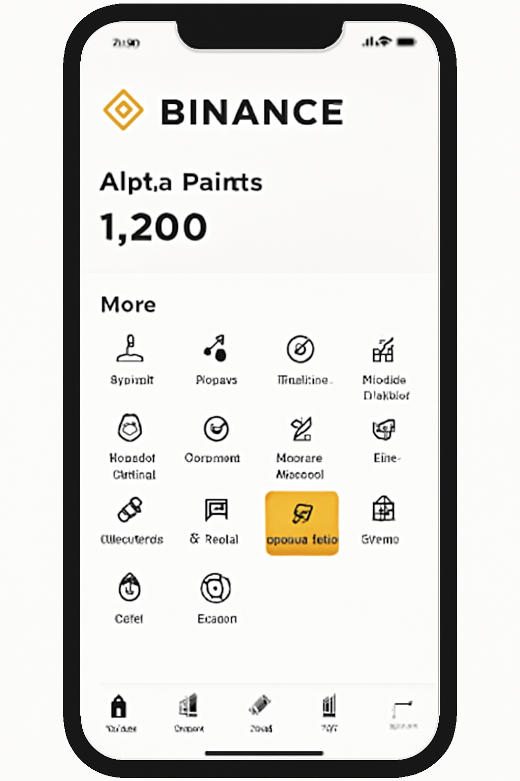 The Binance app screen with the 'More' menu open, highlighting the 'Alpha Points' option and a visible Alpha Points balance.