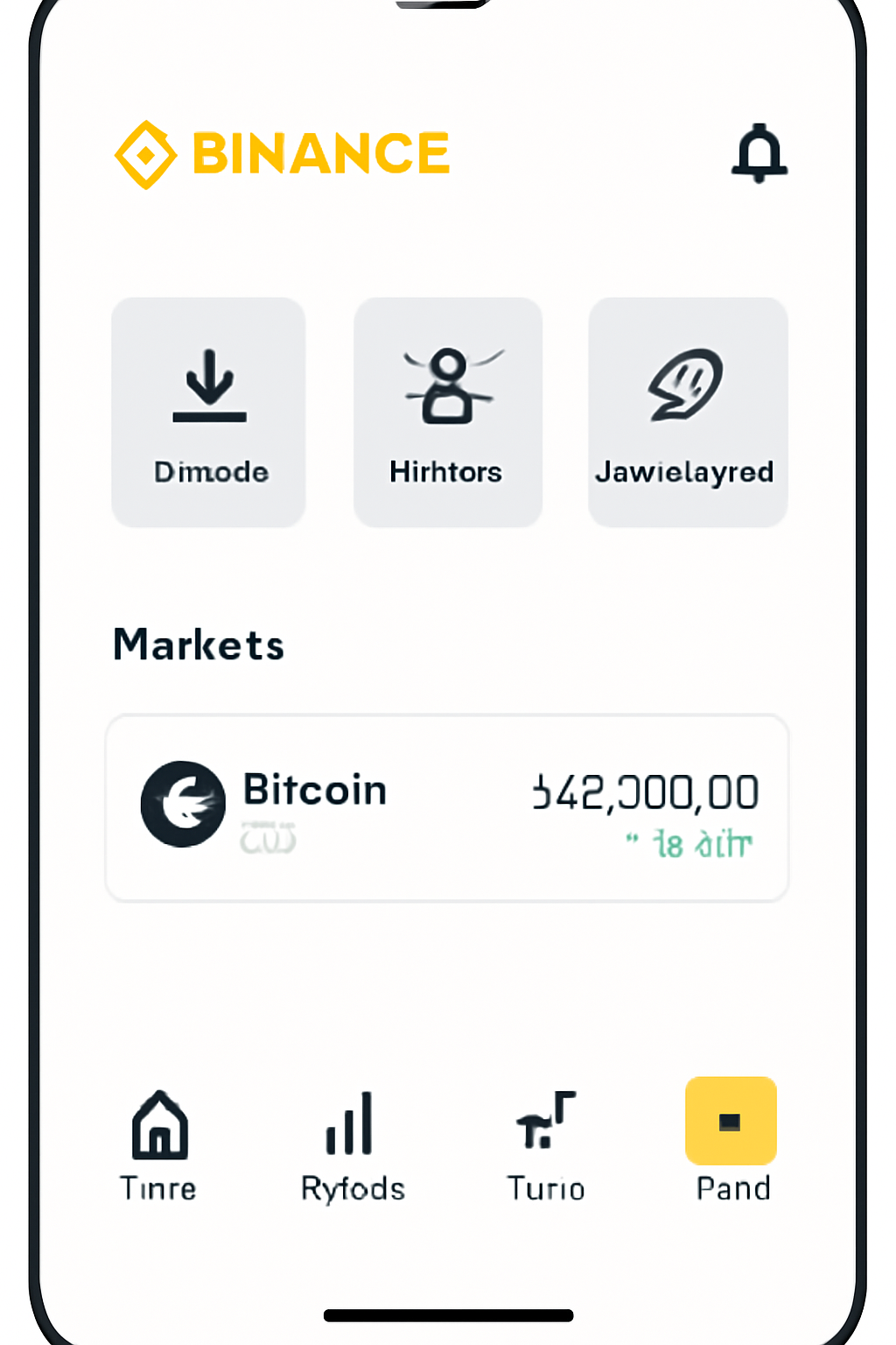 Binance app interface showing the 'More' button highlighted on the homepage, clean and user-friendly design