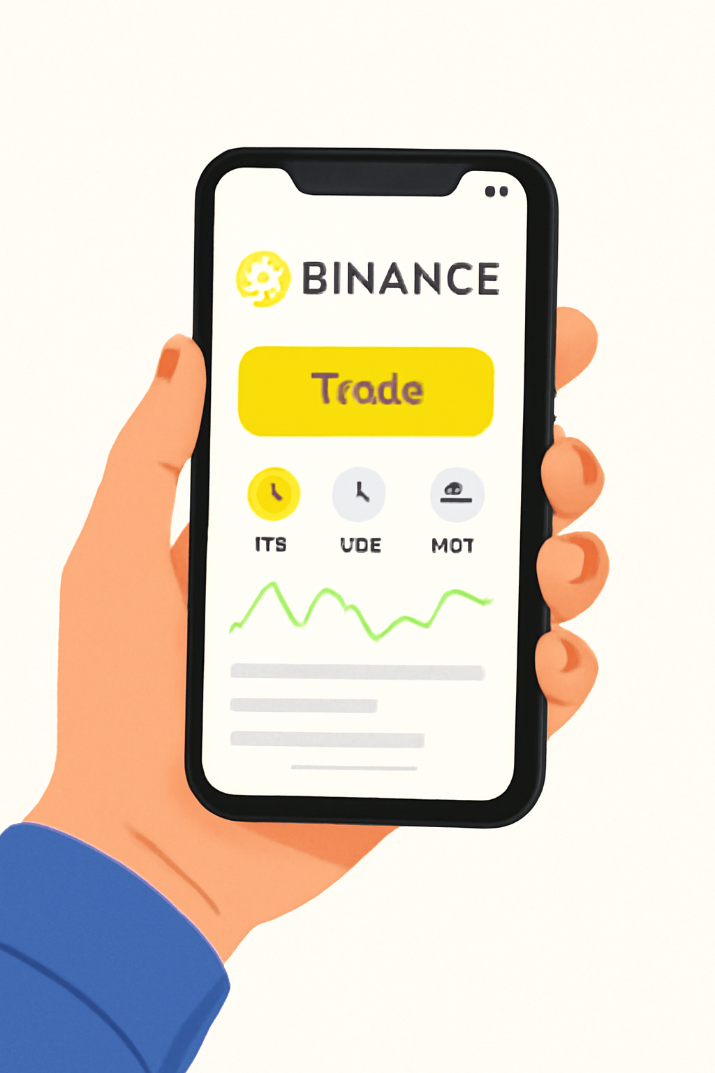 A person holding a smartphone with the Binance app open on the home screen, modern UI, bright and clear interface