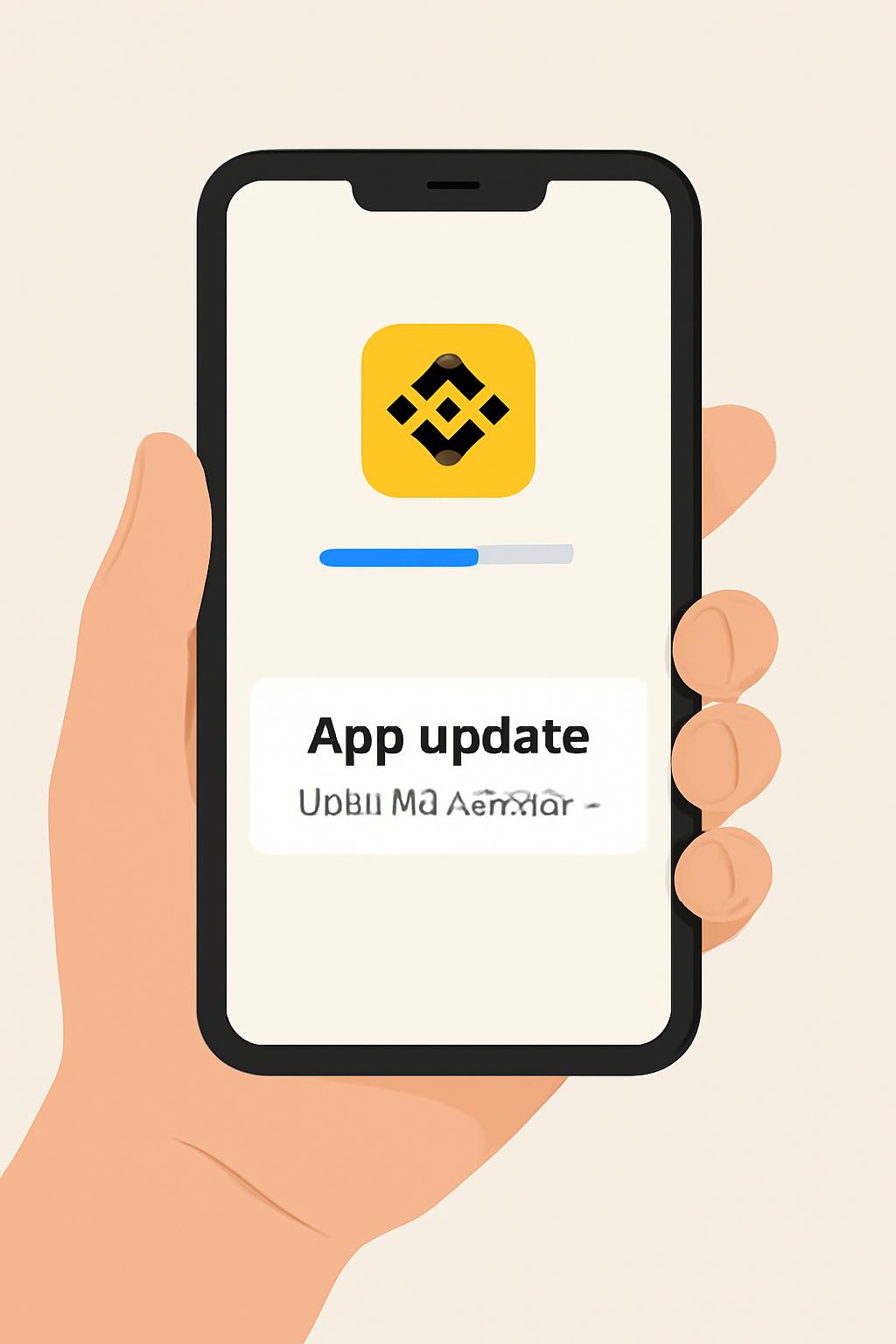 A hand holding a phone with the Binance app icon, showing an update progress bar and notification for app update.