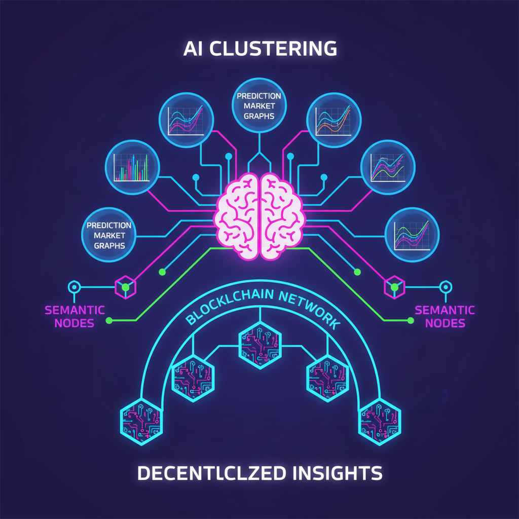 futuristic AI clustering colorful prediction market graphs on blockchain network, semantic nodes connecting, neon glow, cyberpunk style