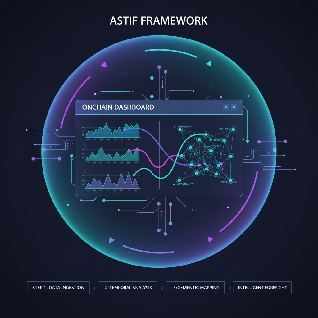 AI framework ASTIF integrating time-series charts and semantic maps, glowing temporal waves on onchain dashboard, sci-fi interface