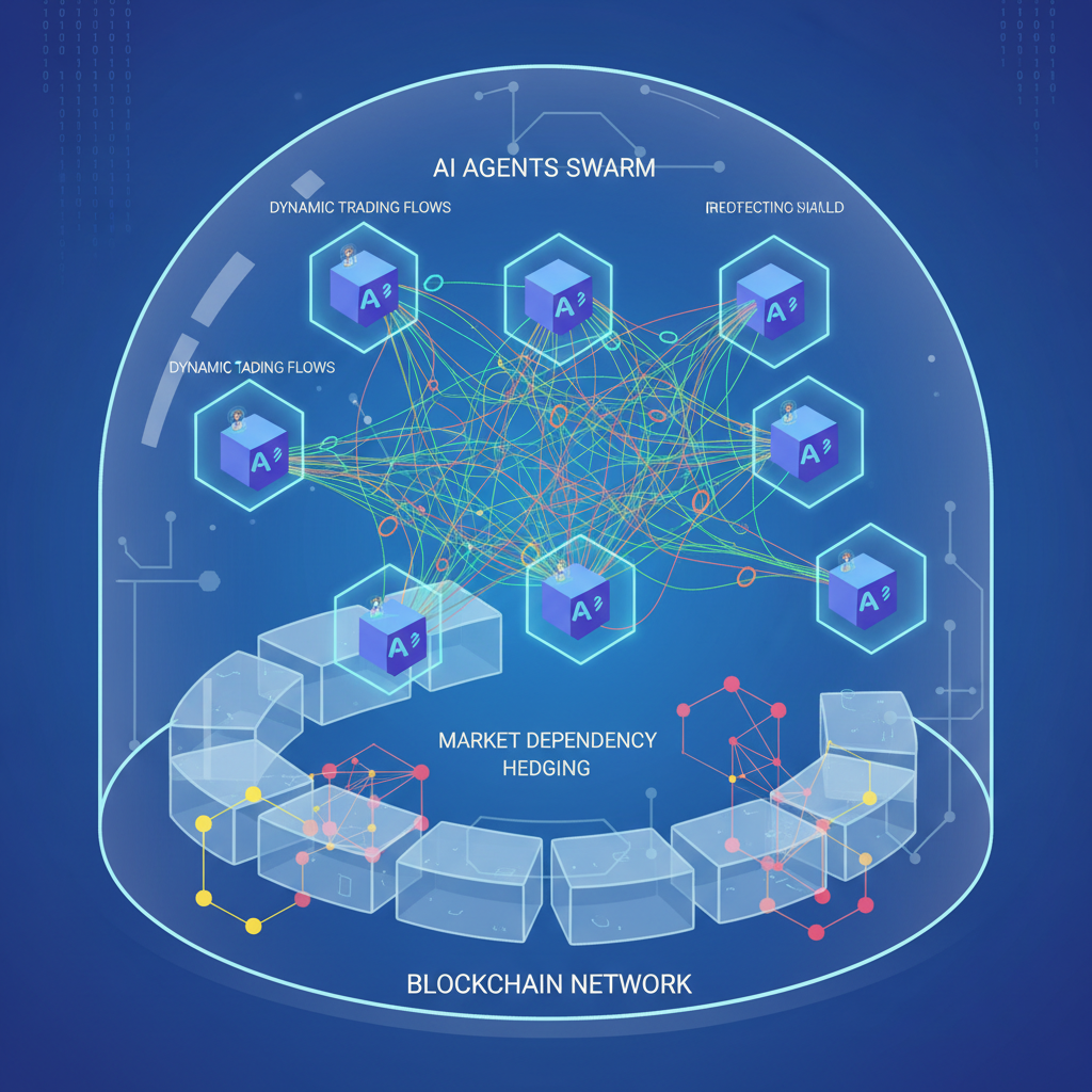 swarm of AI agents hedging interconnected market dependency graphs on blockchain, protective shields, dynamic trading flows, digital art
