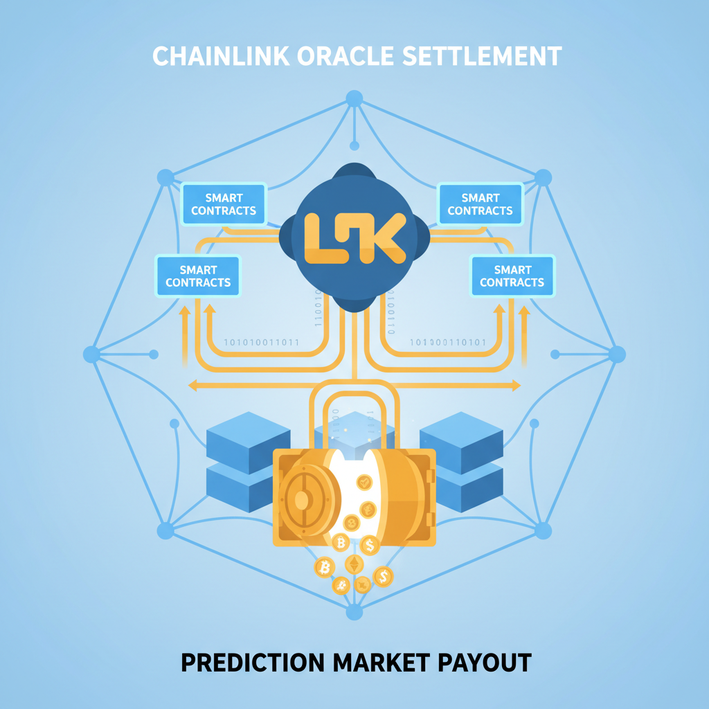 Chainlink oracle settling prediction market on blockchain, golden data streams flowing to smart contracts, secure vault opening, ethereal glow