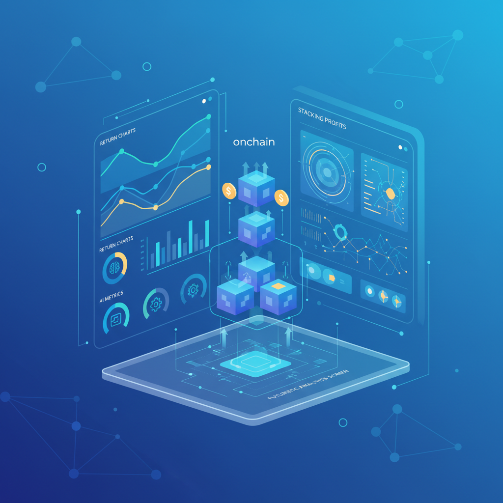 onchain dashboard monitoring glowing return charts and AI metrics, blockchain blocks stacking profits, futuristic analytics screen