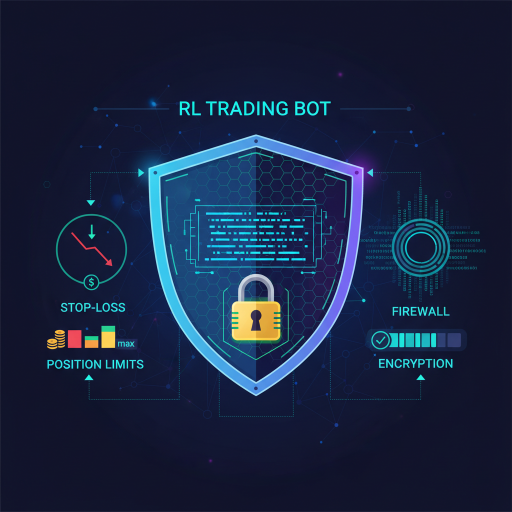 shield icon protecting RL trading bot code with risk controls like stop-loss graphs and position limits, cyber defense style