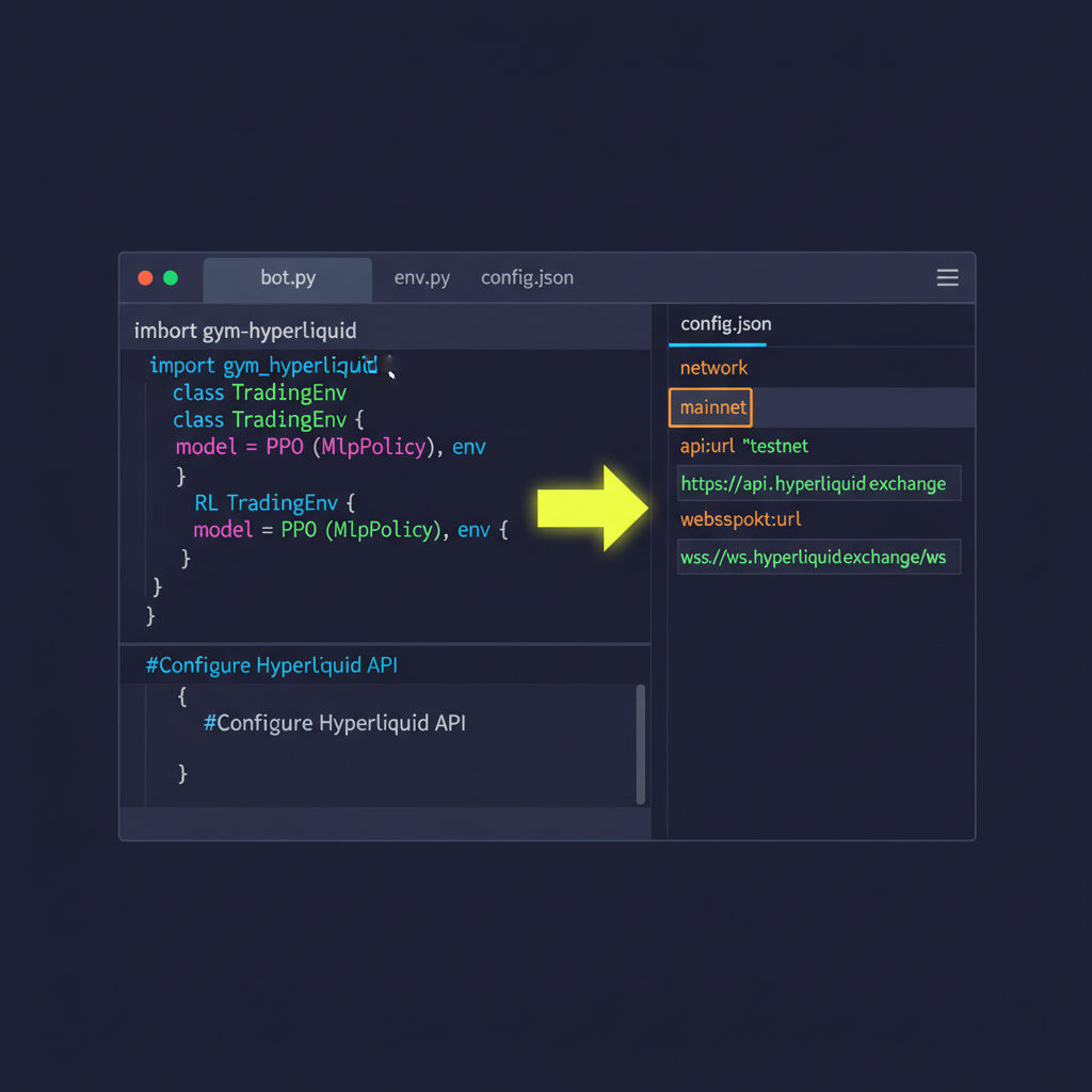 code editor with Python RL trading bot config switching to Hyperliquid mainnet endpoints, neon code highlights
