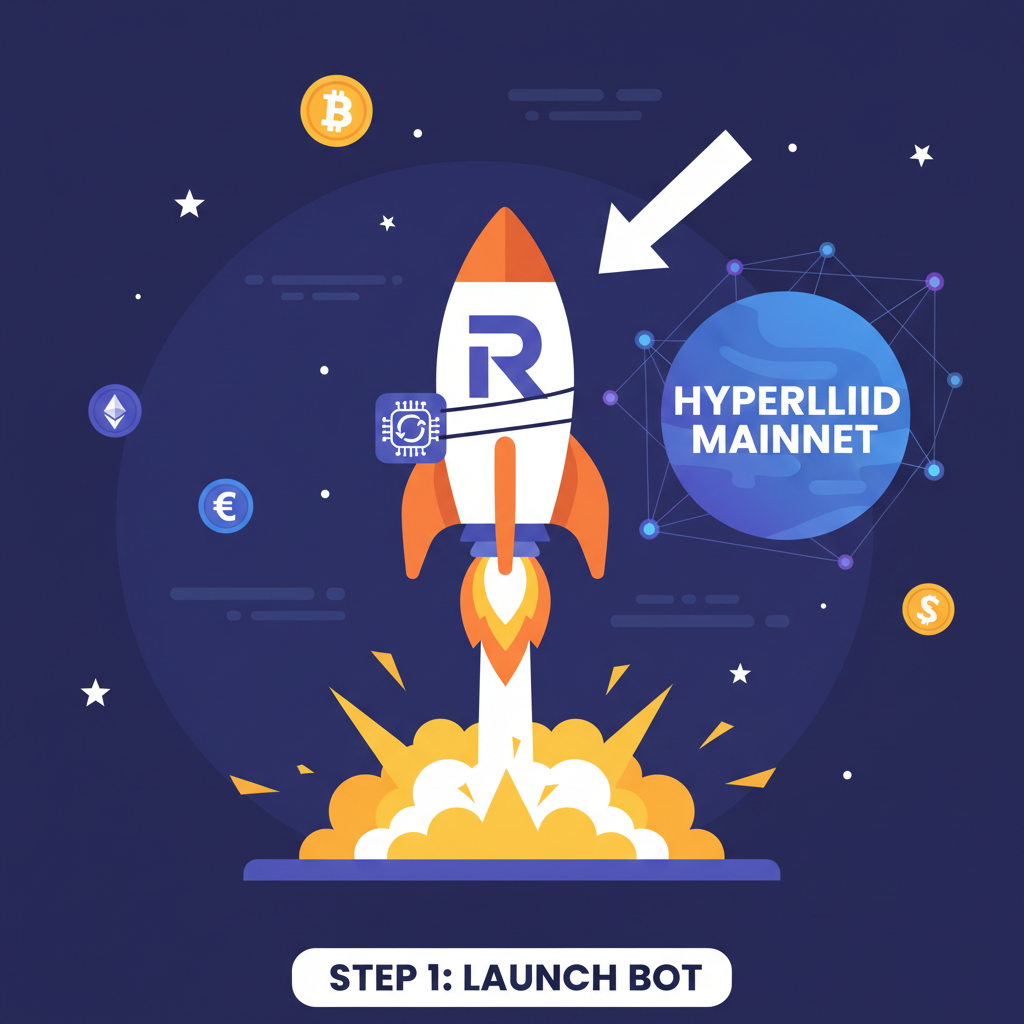 rocket launching RL trading bot to Hyperliquid mainnet, explosive energy, starry crypto exchange background